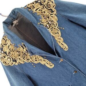 Mass‎ Vintage 80s Denim Rhinestone Duster Coat Western Glam Statement